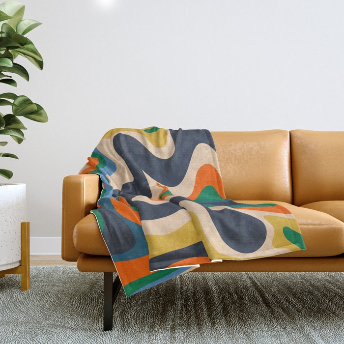 Retro Liquid Swirl Abstract Pattern Blue Beige Orange Mustard Green Throw Blanket