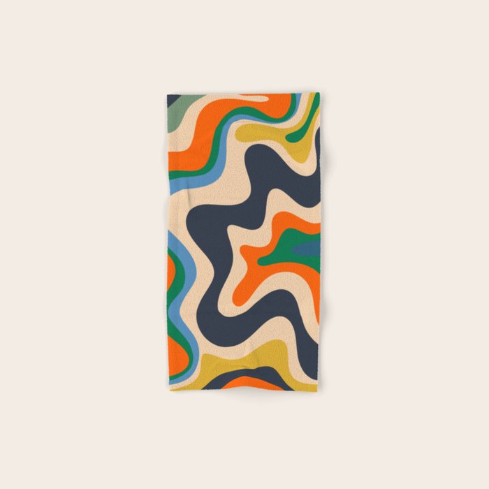 Retro Liquid Swirl Abstract Pattern Blue Beige Orange Mustard Green Bath Towel