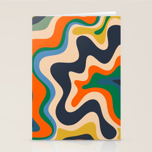 Retro Liquid Swirl Abstract Pattern Blue Beige Orange Mustard Green Stationery Card