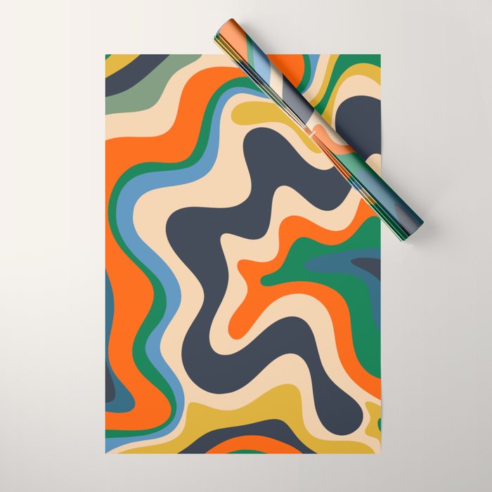 Retro Liquid Swirl Abstract Pattern Blue Beige Orange Mustard Green Wrapping Paper