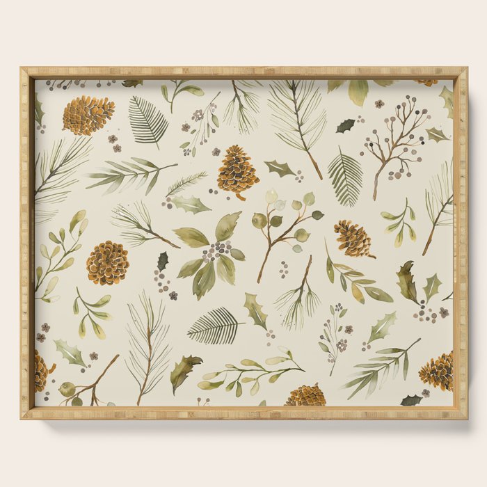 Christmas Holiday Botanical Pinecones And Holly Ecru Gold Serving Tray