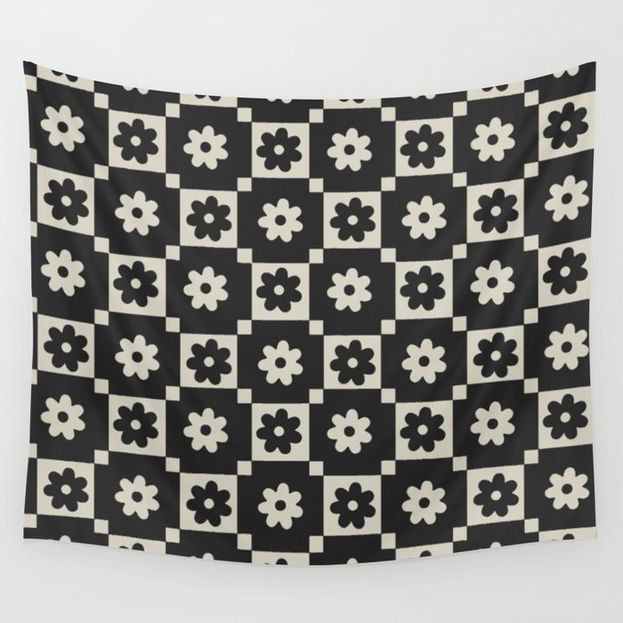 Checkered Daisy - Black Ink Wall Tapestry