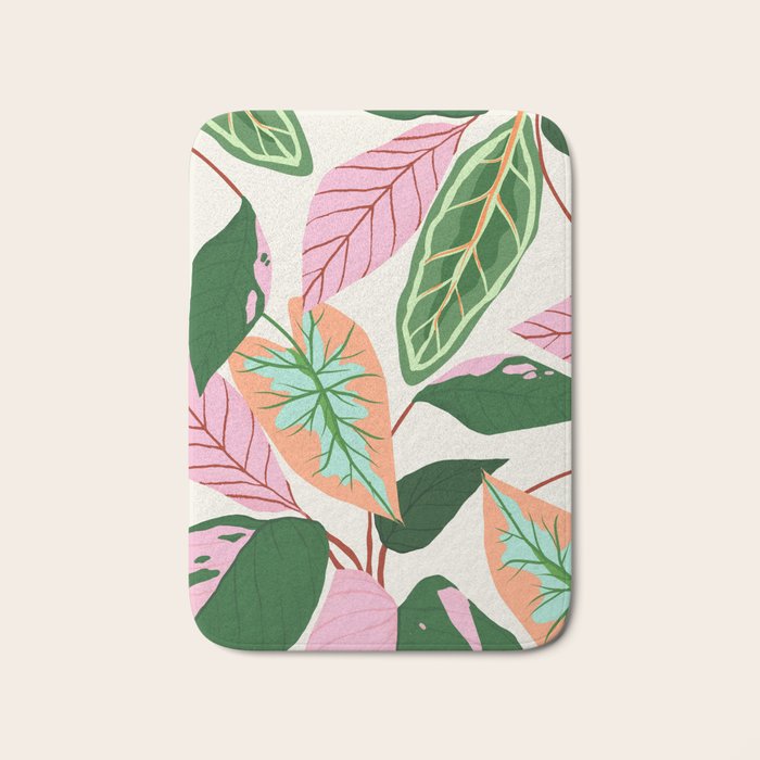 The Inseparable V.01, Nature Botanical Plants, Blush Leaves Modern Boho, Pastel Illustration Garden Bath Mat