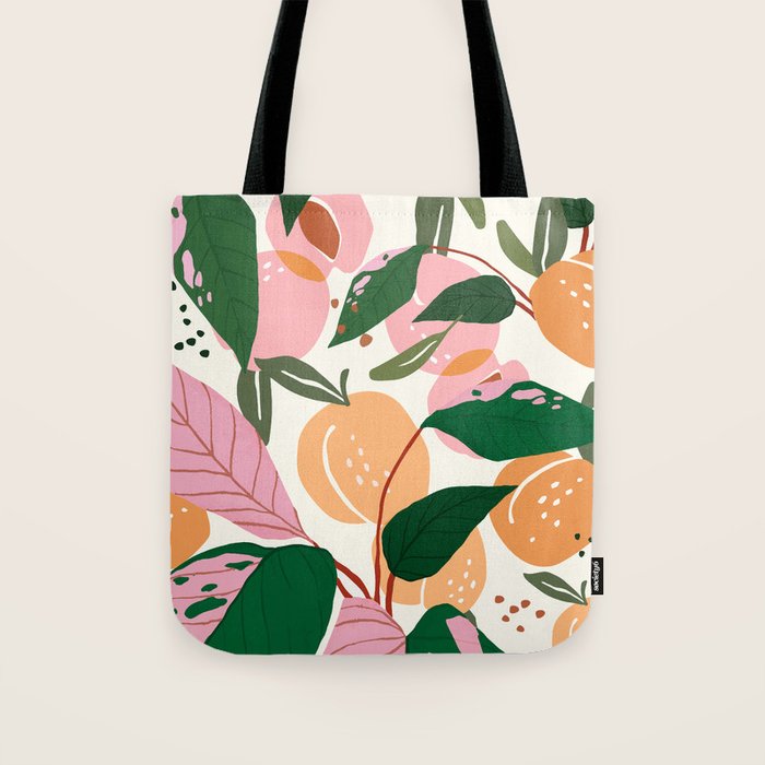The Peach Garden , Vintage Botanical Tropical Jungle, Fruits Plants Pastel Summer Forest Tote Bag