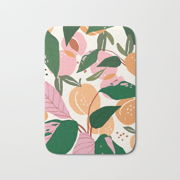 The Peach Garden , Vintage Botanical Tropical Jungle, Fruits Plants Pastel Summer Forest Bath Mat