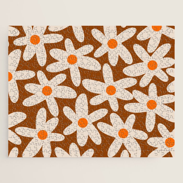 Daisy Time Retro Floral Pattern Brown Orange Beige Jigsaw Puzzle