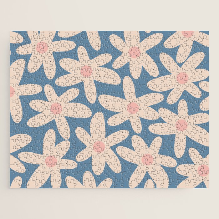 Daisy Time Retro Floral Pattern In Medium Blue And Pale Blush Jigsaw Puzzle