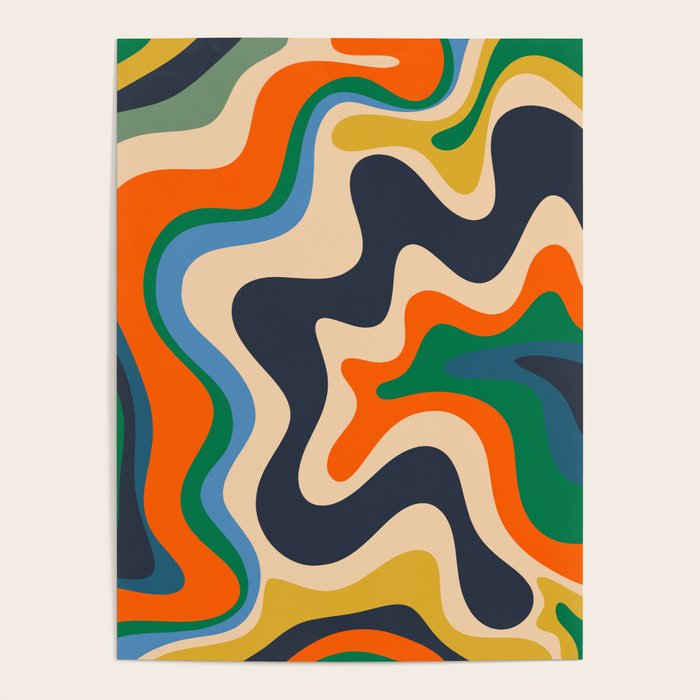 Retro Liquid Swirl Abstract Pattern Blue Beige Orange Mustard Green Poster