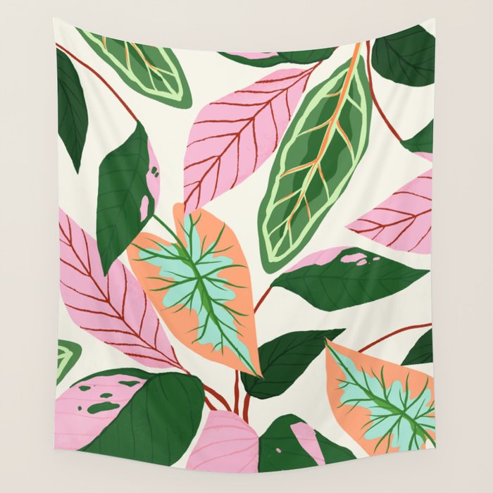 The Inseparable V.01, Nature Botanical Plants, Blush Leaves Modern Boho, Pastel Illustration Garden Wall Tapestry