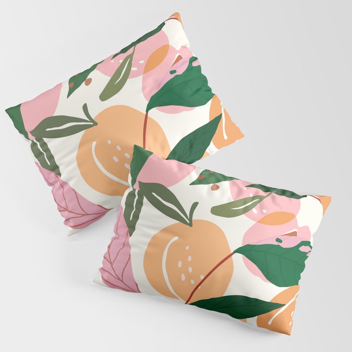 The Peach Garden , Vintage Botanical Tropical Jungle, Fruits Plants Pastel Summer Forest Pillow Sham
