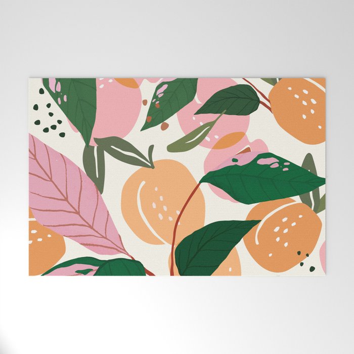 The Peach Garden , Vintage Botanical Tropical Jungle, Fruits Plants Pastel Summer Forest Welcome Mat