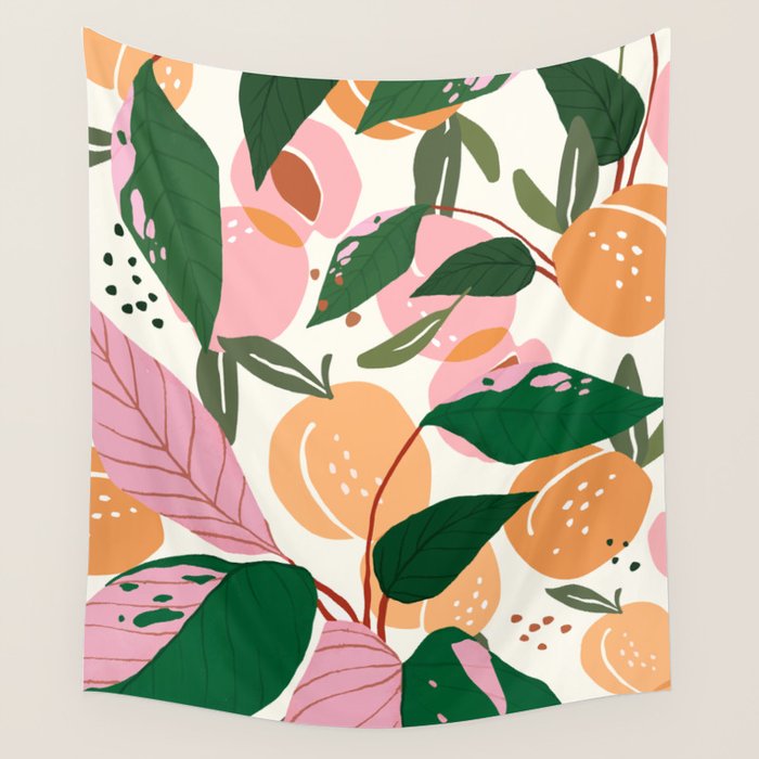 The Peach Garden , Vintage Botanical Tropical Jungle, Fruits Plants Pastel Summer Forest Wall Tapestry