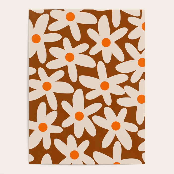 Daisy Time Retro Floral Pattern Brown Orange Beige Poster