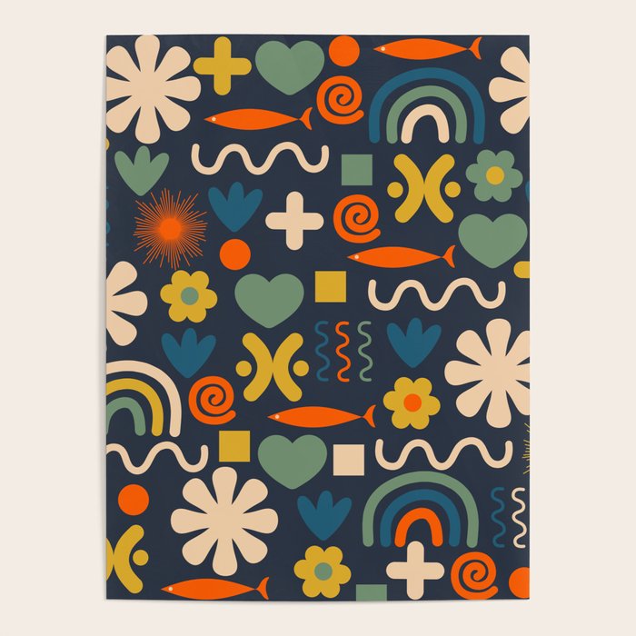 Cute Miscellany Rainbow Floral Pattern Blue Orange Green Mustard Poster