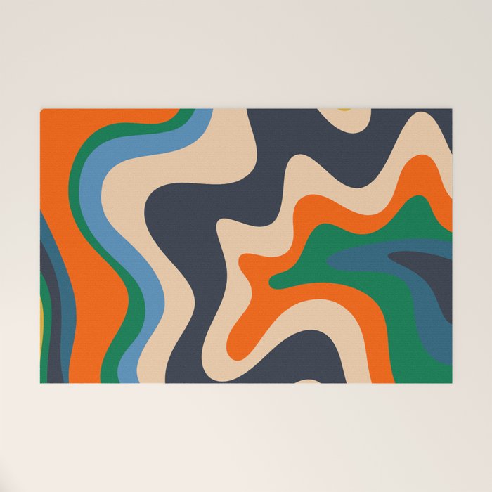 Retro Liquid Swirl Abstract Pattern Blue Beige Orange Mustard Green Welcome Mat
