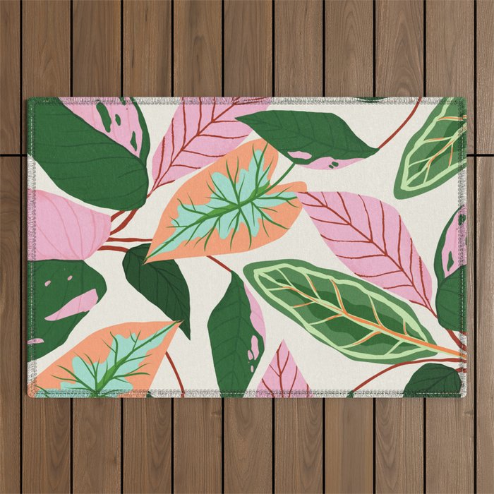 The Inseparable V.01, Nature Botanical Plants, Blush Leaves Modern Boho, Pastel Illustration Garden Outdoor Rug