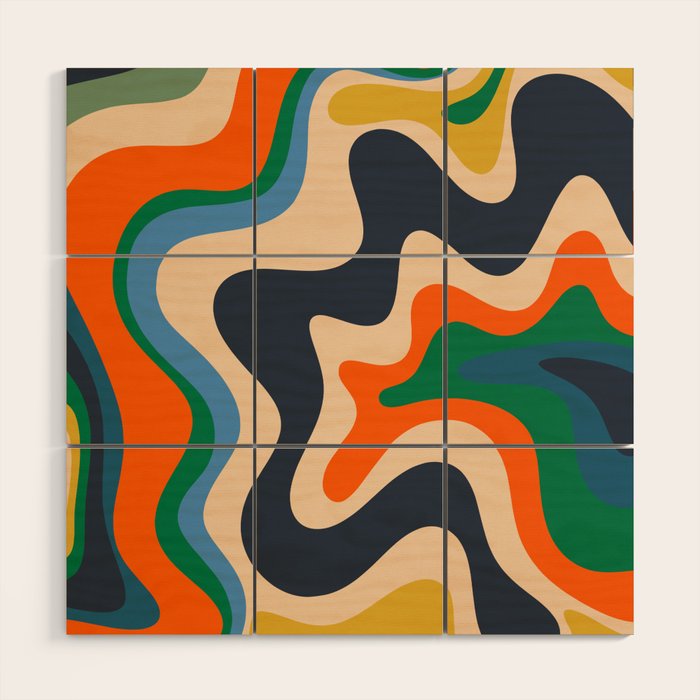Retro Liquid Swirl Abstract Pattern Blue Beige Orange Mustard Green Wood Wall Art
