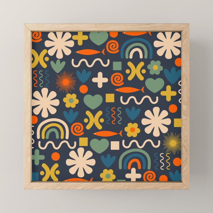 Cute Miscellany Rainbow Floral Pattern Blue Orange Green Mustard Mini Art Print