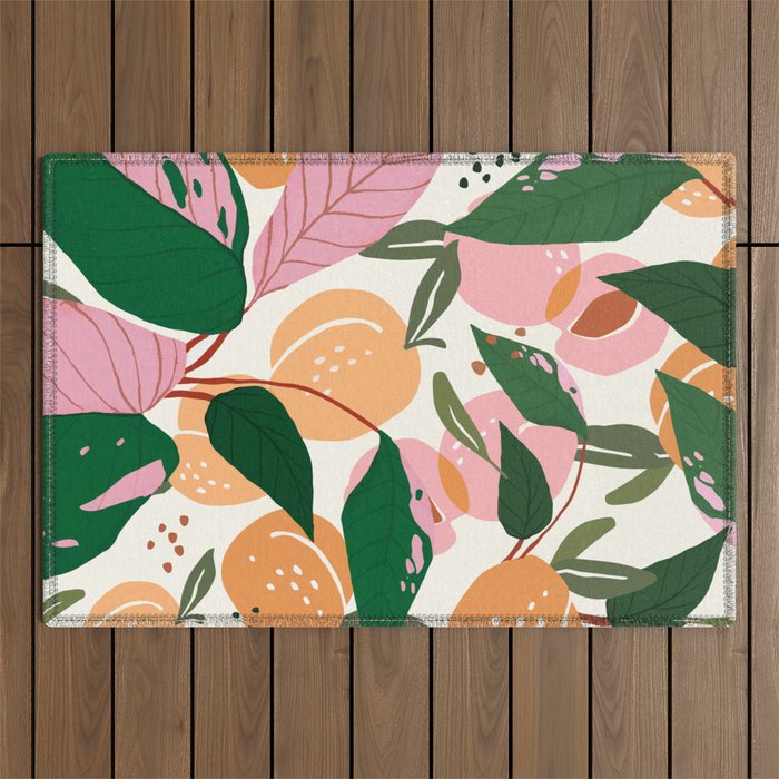The Peach Garden , Vintage Botanical Tropical Jungle, Fruits Plants Pastel Summer Forest Outdoor Rug