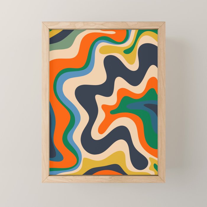 Retro Liquid Swirl Abstract Pattern Blue Beige Orange Mustard Green Mini Art Print