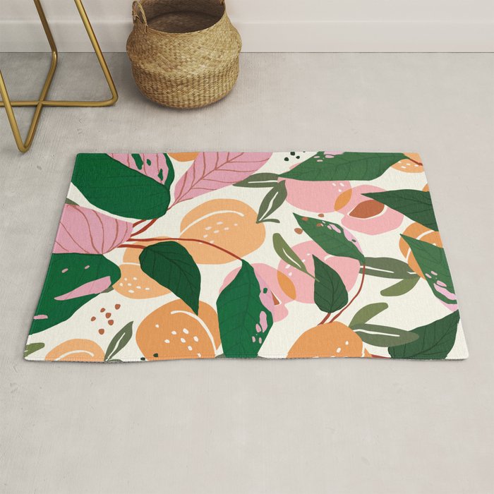 The Peach Garden , Vintage Botanical Tropical Jungle, Fruits Plants Pastel Summer Forest Rug