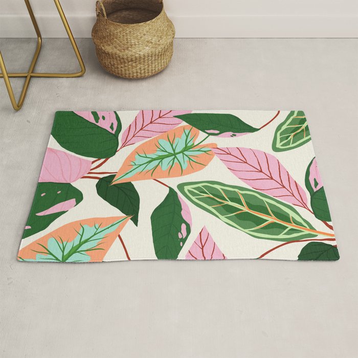 The Inseparable V.01, Nature Botanical Plants, Blush Leaves Modern Boho, Pastel Illustration Garden Rug