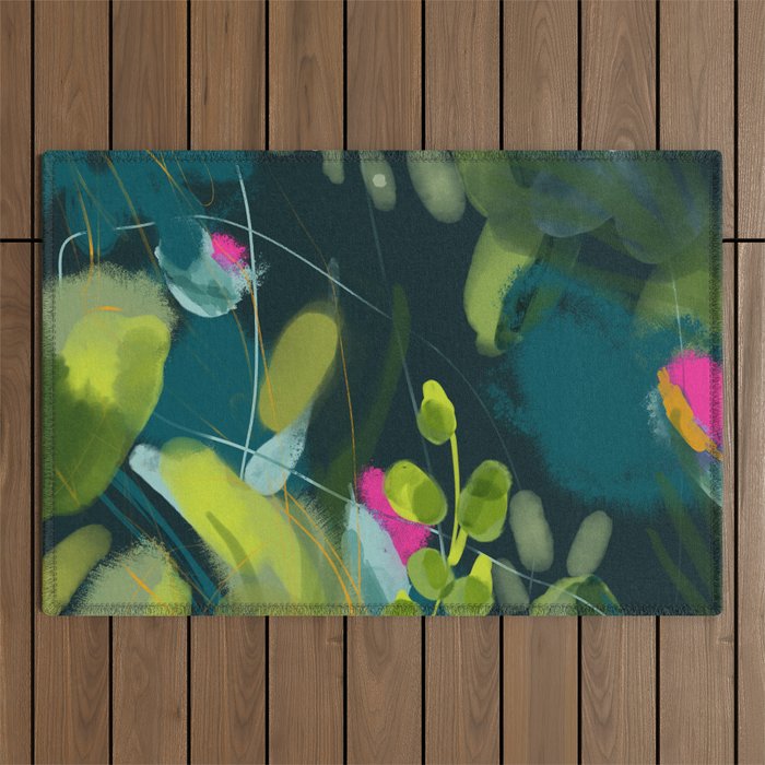 Abstract Jungle Fever Leaves In Floral Green Outdoor Rug