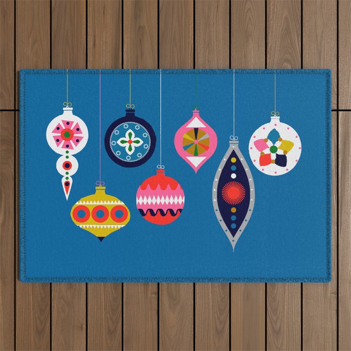 Retro Christmas Baubles On A Dark Background Outdoor Rug
