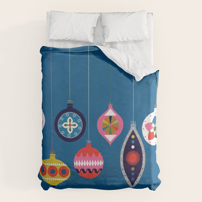 Retro Christmas Baubles On A Dark Background Duvet Cover