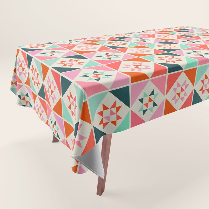 Festive Quilt Pattern In Pink, Red And Green Tablecloth