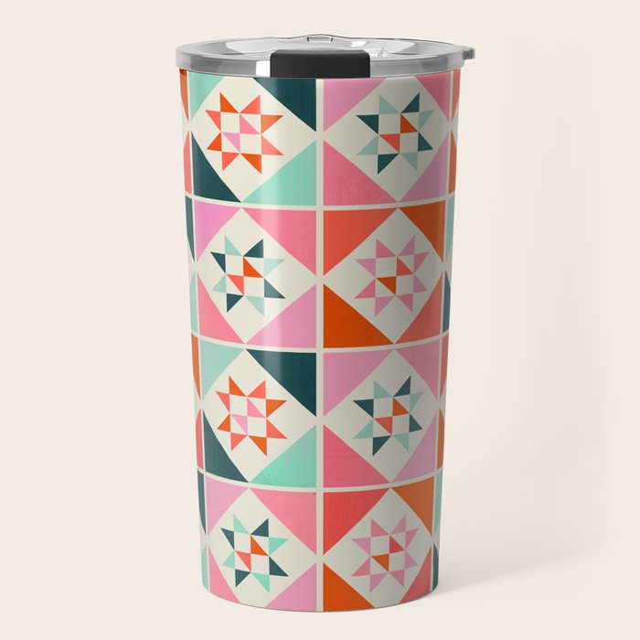 Festive Quilt Pattern In Pink, Red And Green Travel Mug