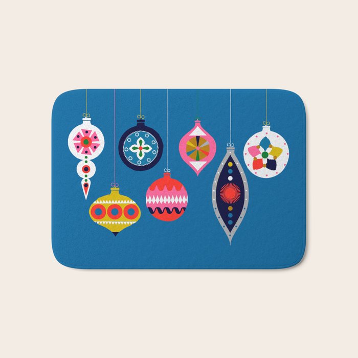 Retro Christmas Baubles On A Dark Background Bath Mat