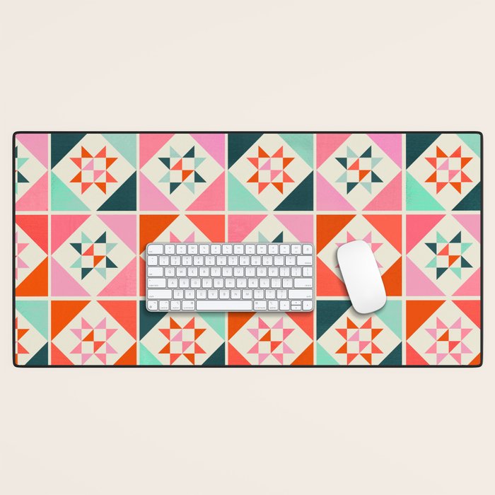 Festive Quilt Pattern In Pink, Red And Green Desk Mat