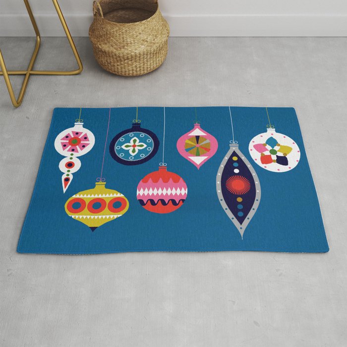 Retro Christmas Baubles On A Dark Background Rug