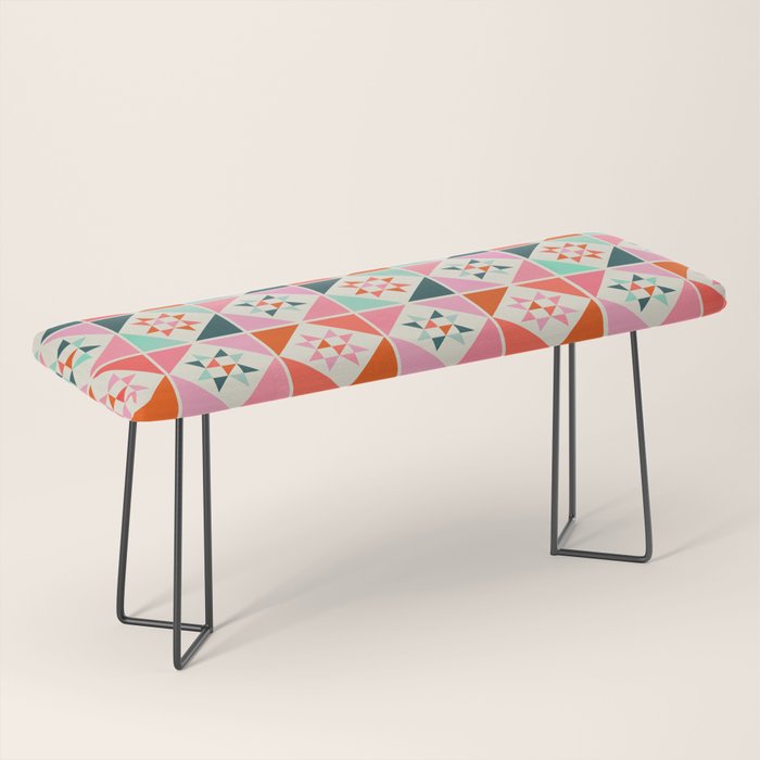Festive Quilt Pattern In Pink, Red And Green Bench