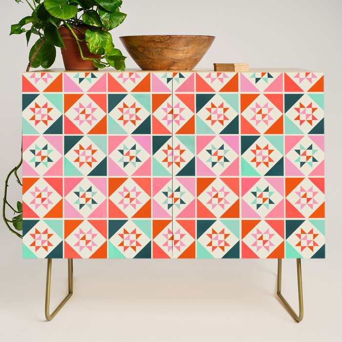 Festive Quilt Pattern In Pink, Red And Green Credenza