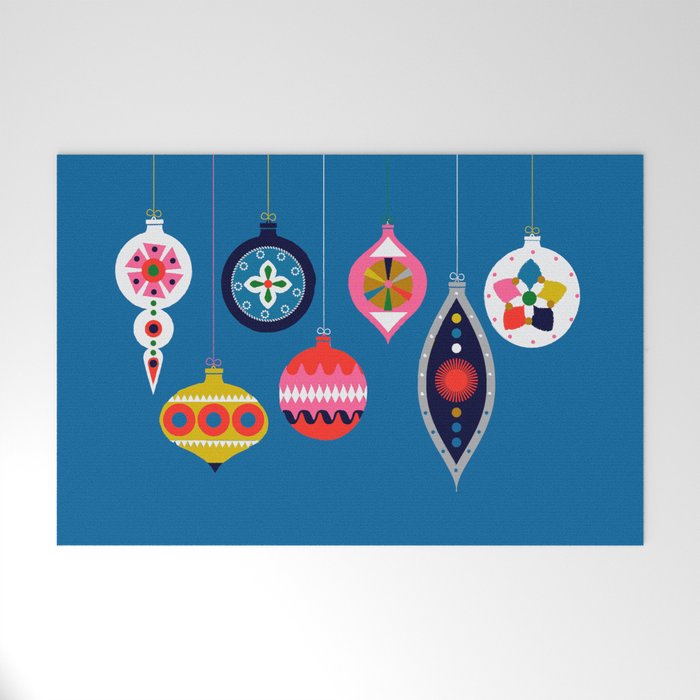 Retro Christmas Baubles On A Dark Background Welcome Mat