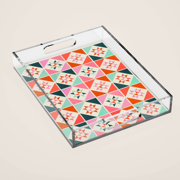 Festive Quilt Pattern In Pink, Red And Green Acrylic Tray