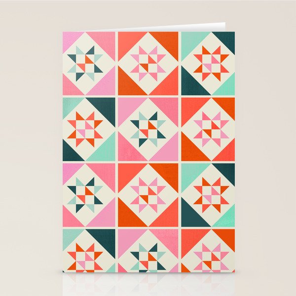 Festive Quilt Pattern In Pink, Red And Green Stationery Card