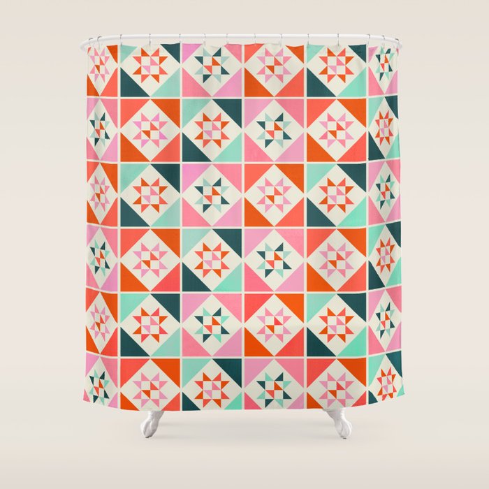 Festive Quilt Pattern In Pink, Red And Green Shower Curtain