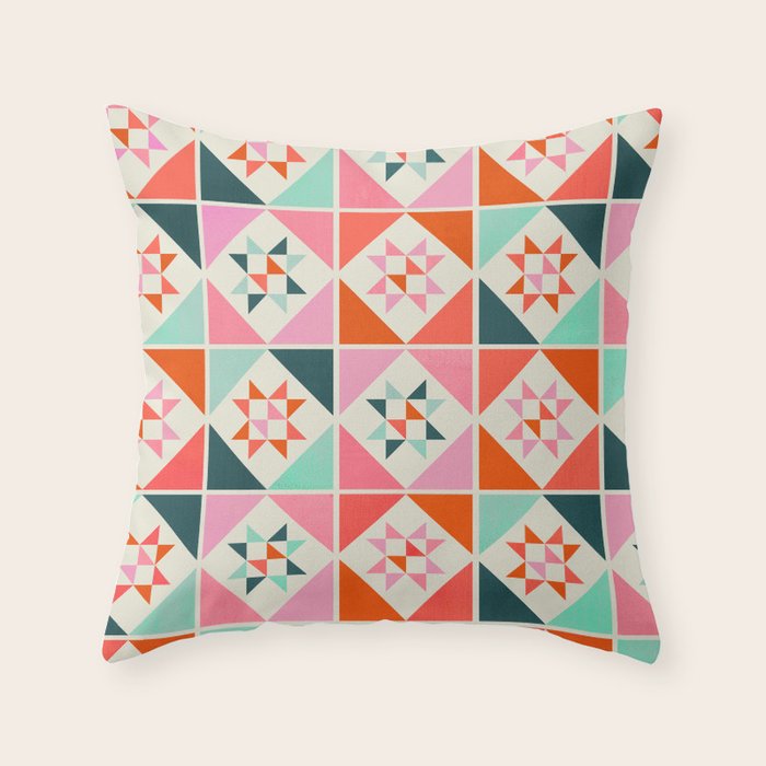 Festive Quilt Pattern In Pink, Red And Green Throw Pillow