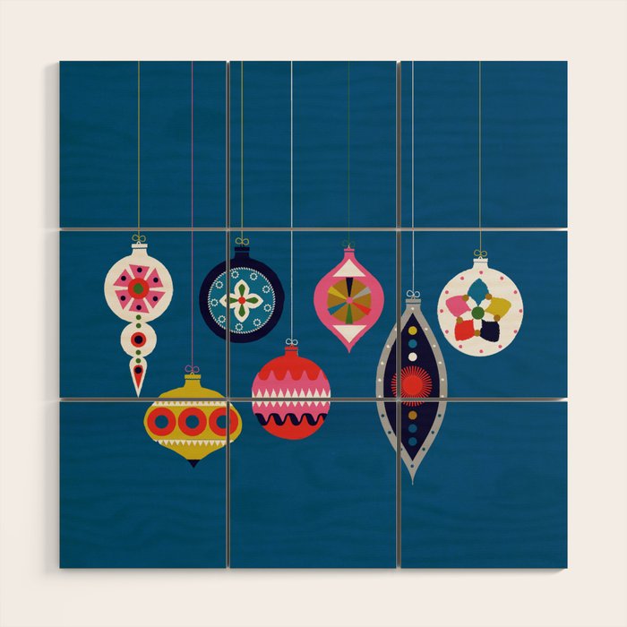 Retro Christmas Baubles On A Dark Background Wood Wall Art