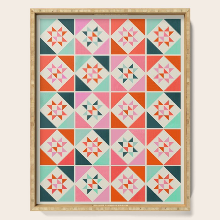 Festive Quilt Pattern In Pink, Red And Green Serving Tray