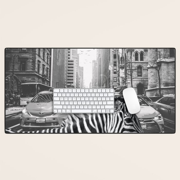 Zebra In The City - Black And White Photography Collage Desk Mat