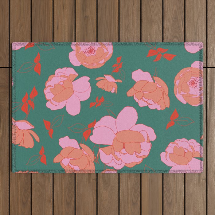English Roses In Pink And Green Outdoor Rug