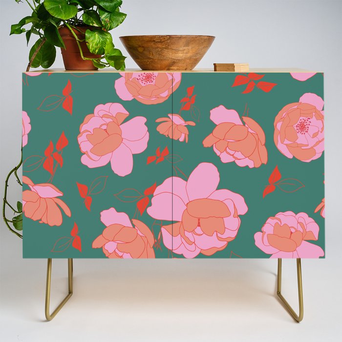 English Roses In Pink And Green Credenza