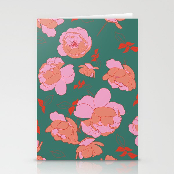 English Roses In Pink And Green Stationery Card