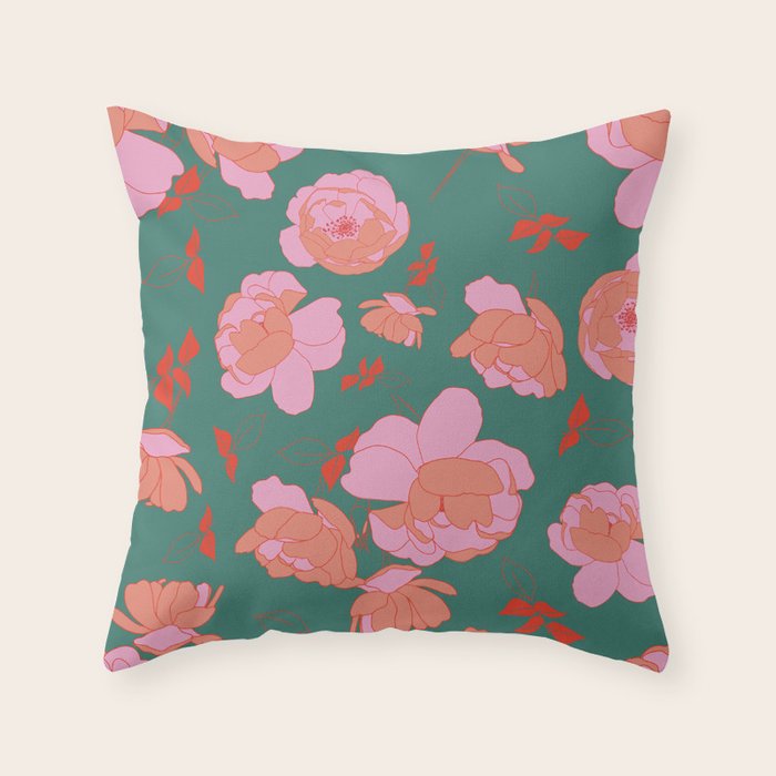 English Roses In Pink And Green Throw Pillow