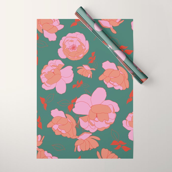 English Roses In Pink And Green Wrapping Paper