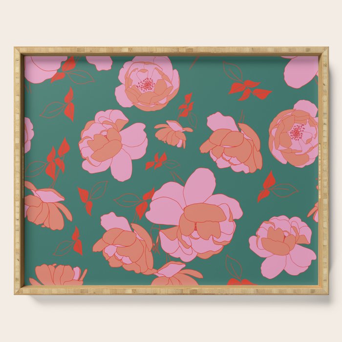 English Roses In Pink And Green Serving Tray